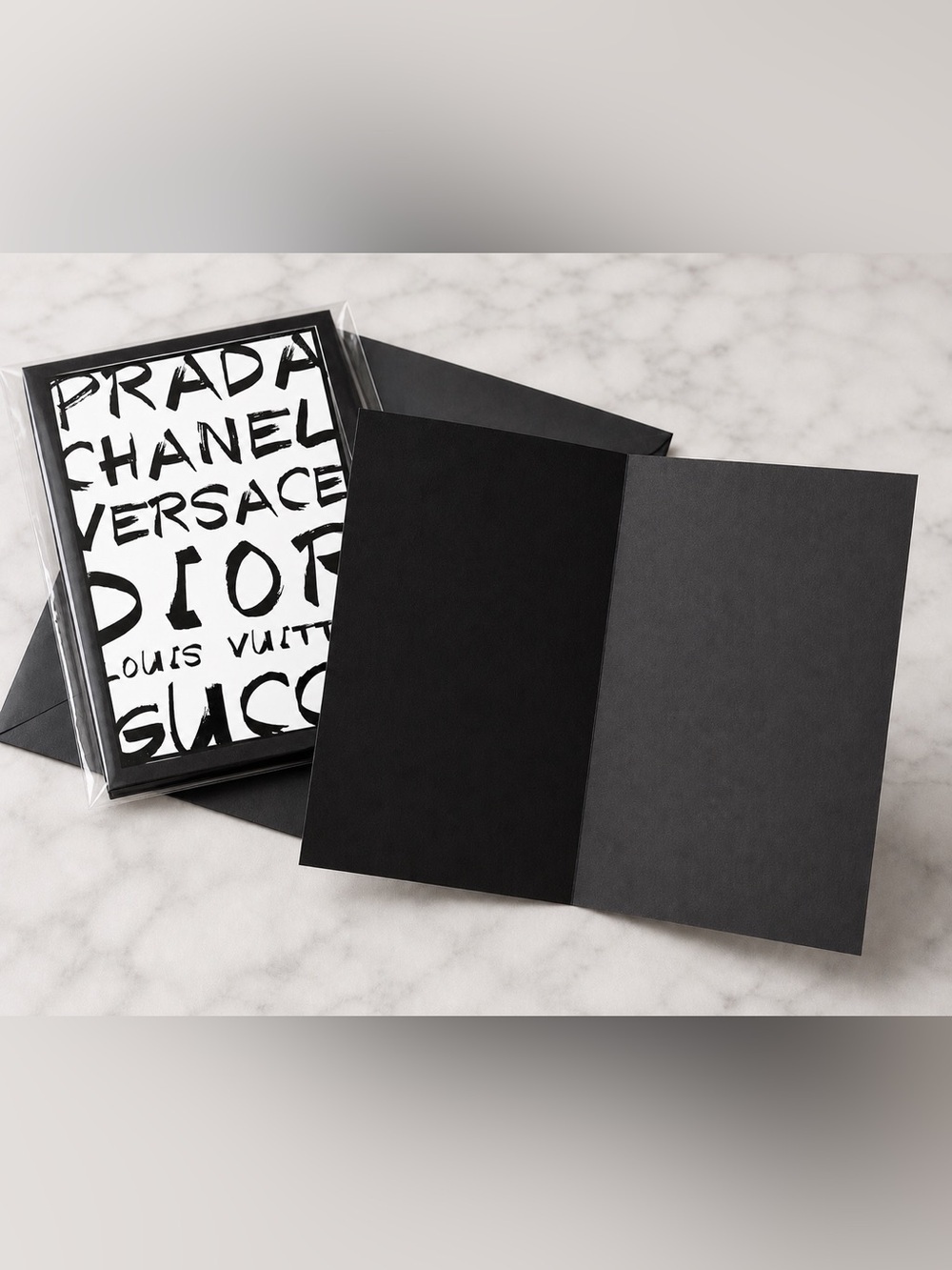 Prada, Chanel, Versace, Dior, Louis Vuitton, and Gucci Graphic Print Card Set